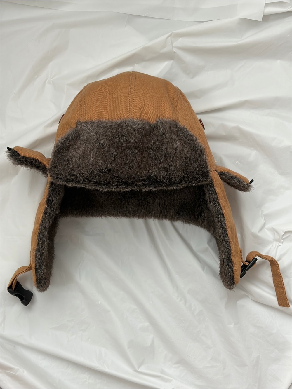 Men's Trapper Hat with Dark Brown Faux Fur - Tan Shell